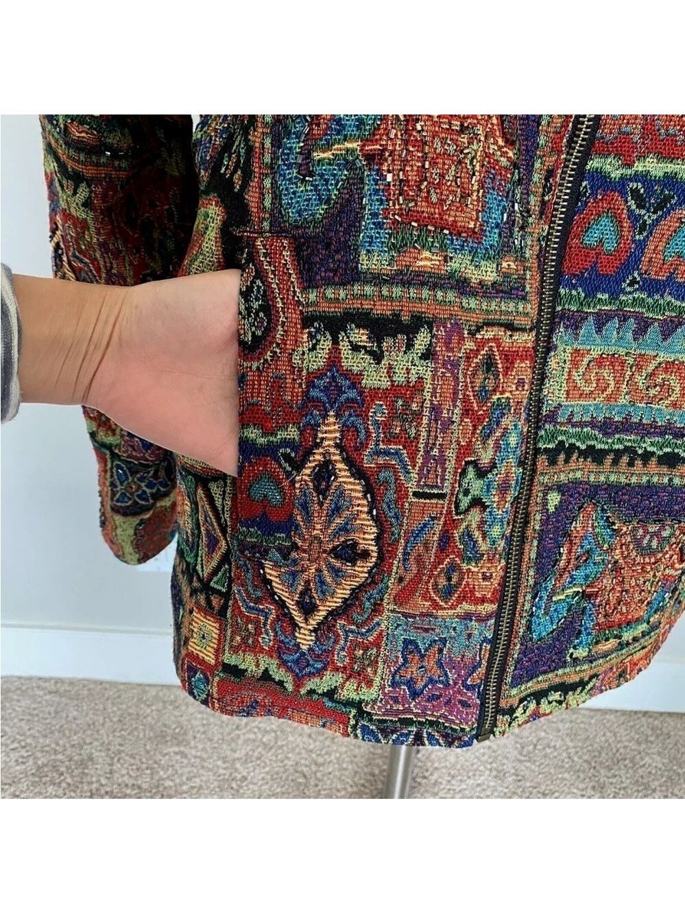 Parsley & Sage Tapestry Flowers Animal Beaded Zip Jacket 1X Pockets Lined - Picture 7 of 16